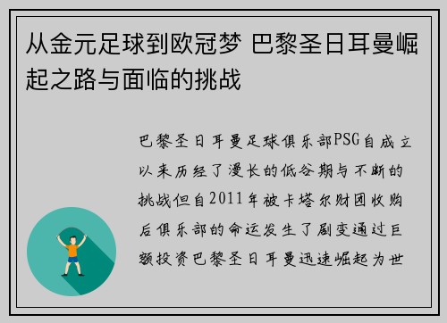 从金元足球到欧冠梦 巴黎圣日耳曼崛起之路与面临的挑战